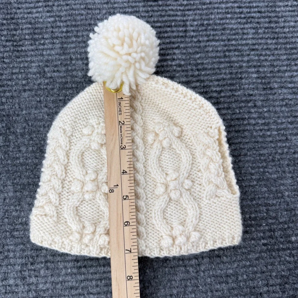 Aran Woollen Mills Handknit Tea Cosy Cream Cable Knit Pom Pom Wool